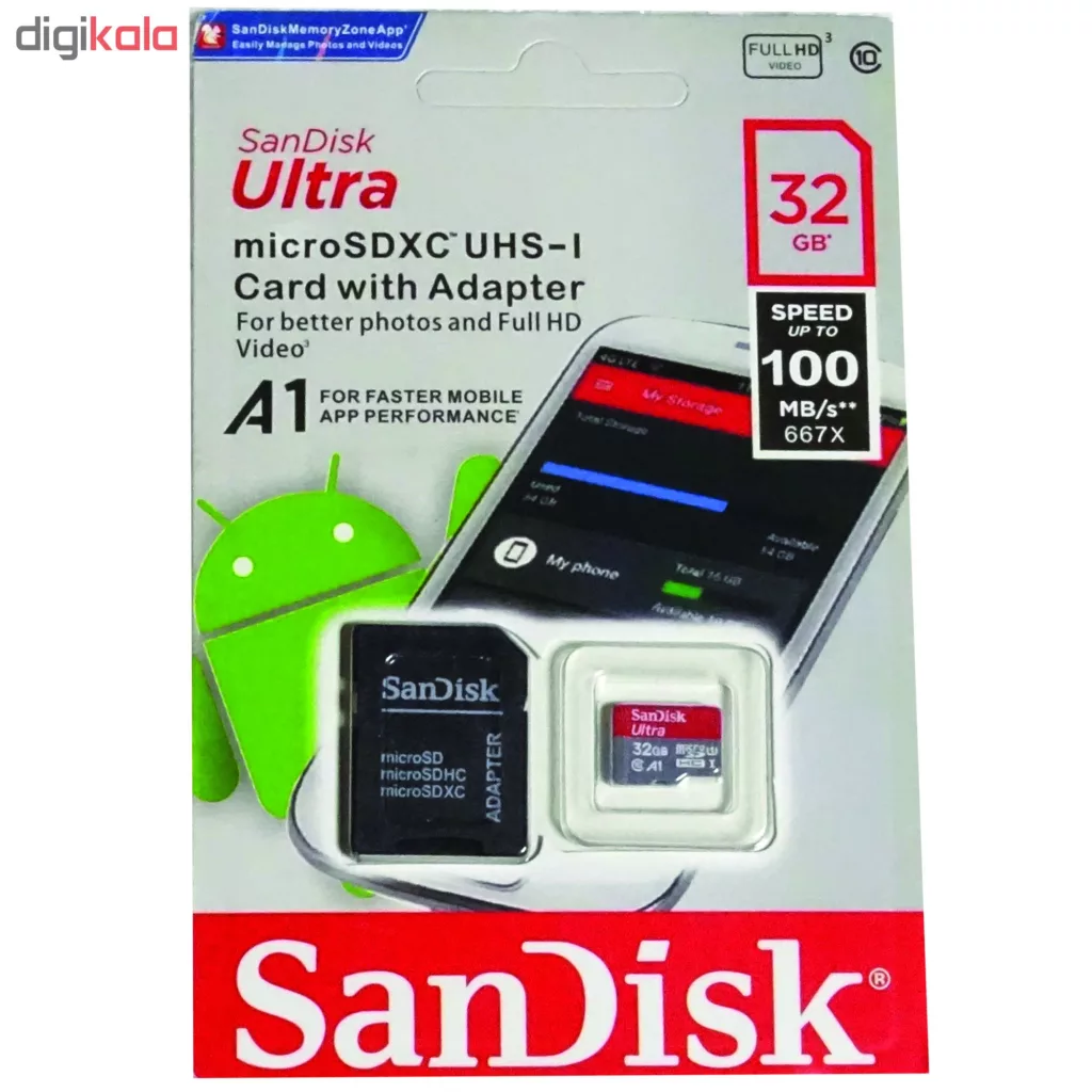 کارت حافظه microSDHC سن دیسک مدل Ultra A1 کلاس 10 استاندارد UHS-I سرعت 100MBps ظرفیت 32 گیگابایت به همراه آداپتور SD