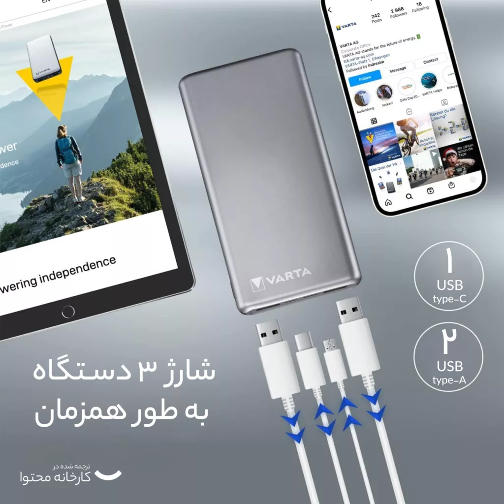 پاور بانک وارتا مدل FAST ENERGY ظرفیت 10000 میلی امپر ساعت