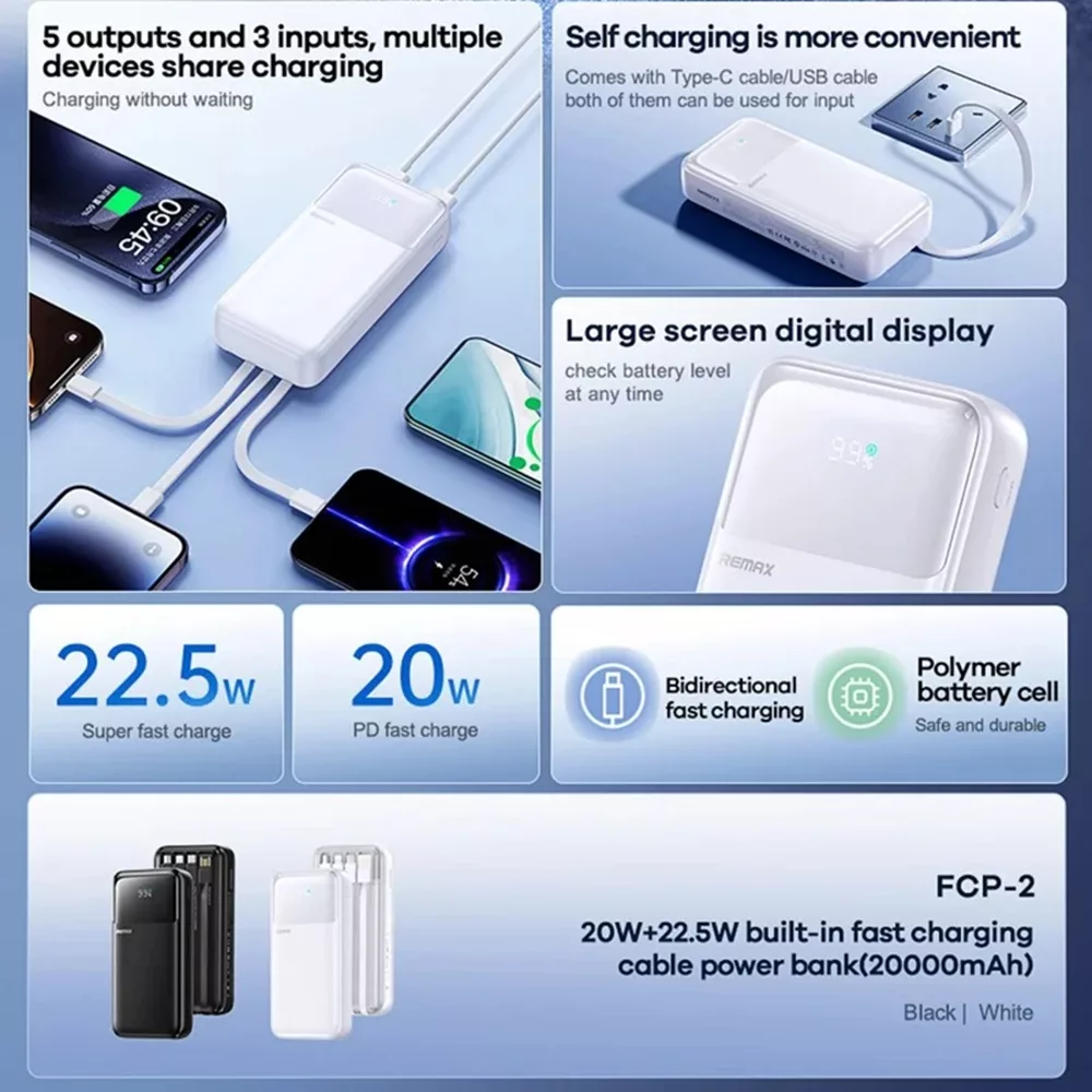 پاوربانک ریمکس مدل FCP-2 22.5W ظرفیت 20000 میلی آمپر ساعت