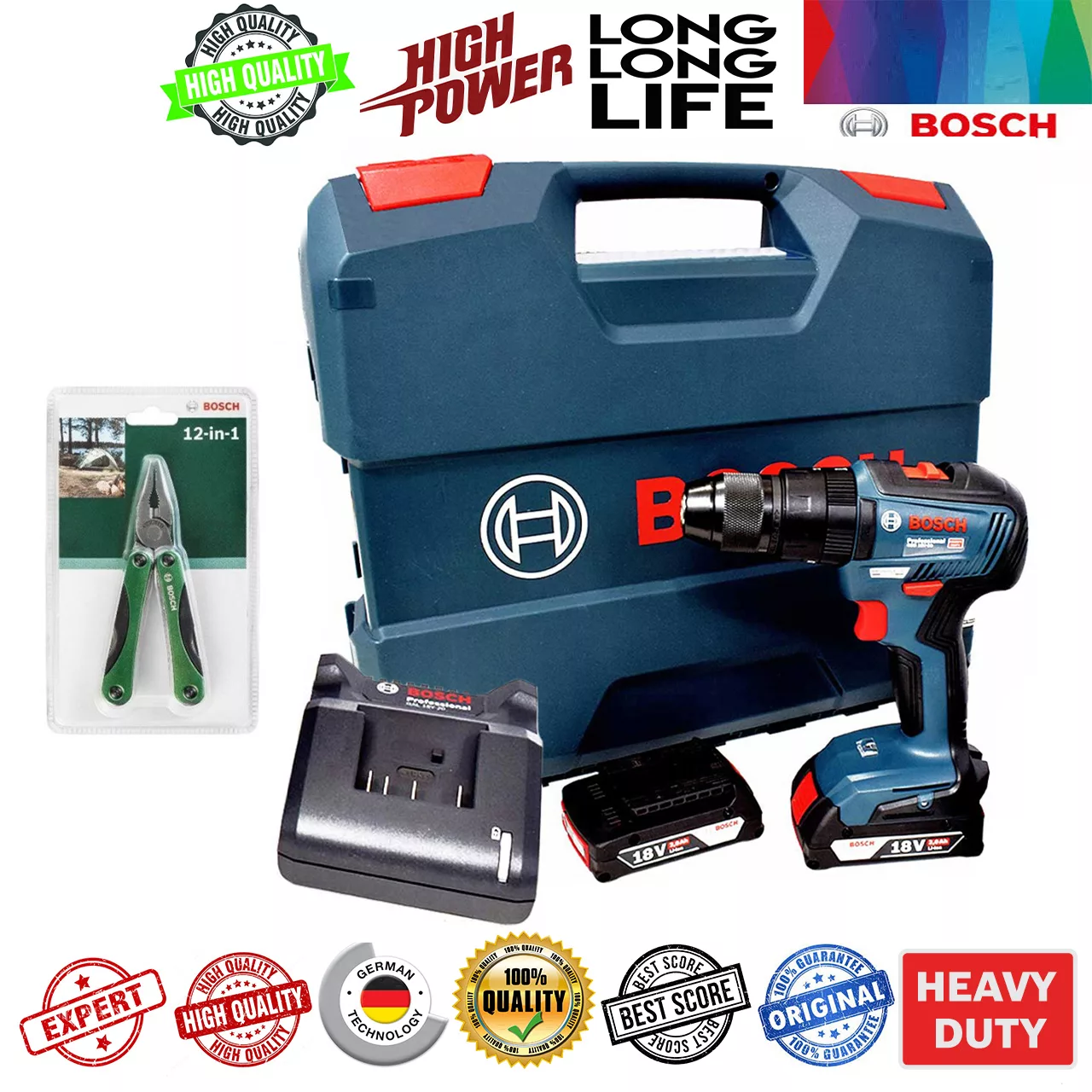دریل شارژی چکشی بوش مدل فوق حرفه ای GSB 18V-50 Brushless + 1 Extra