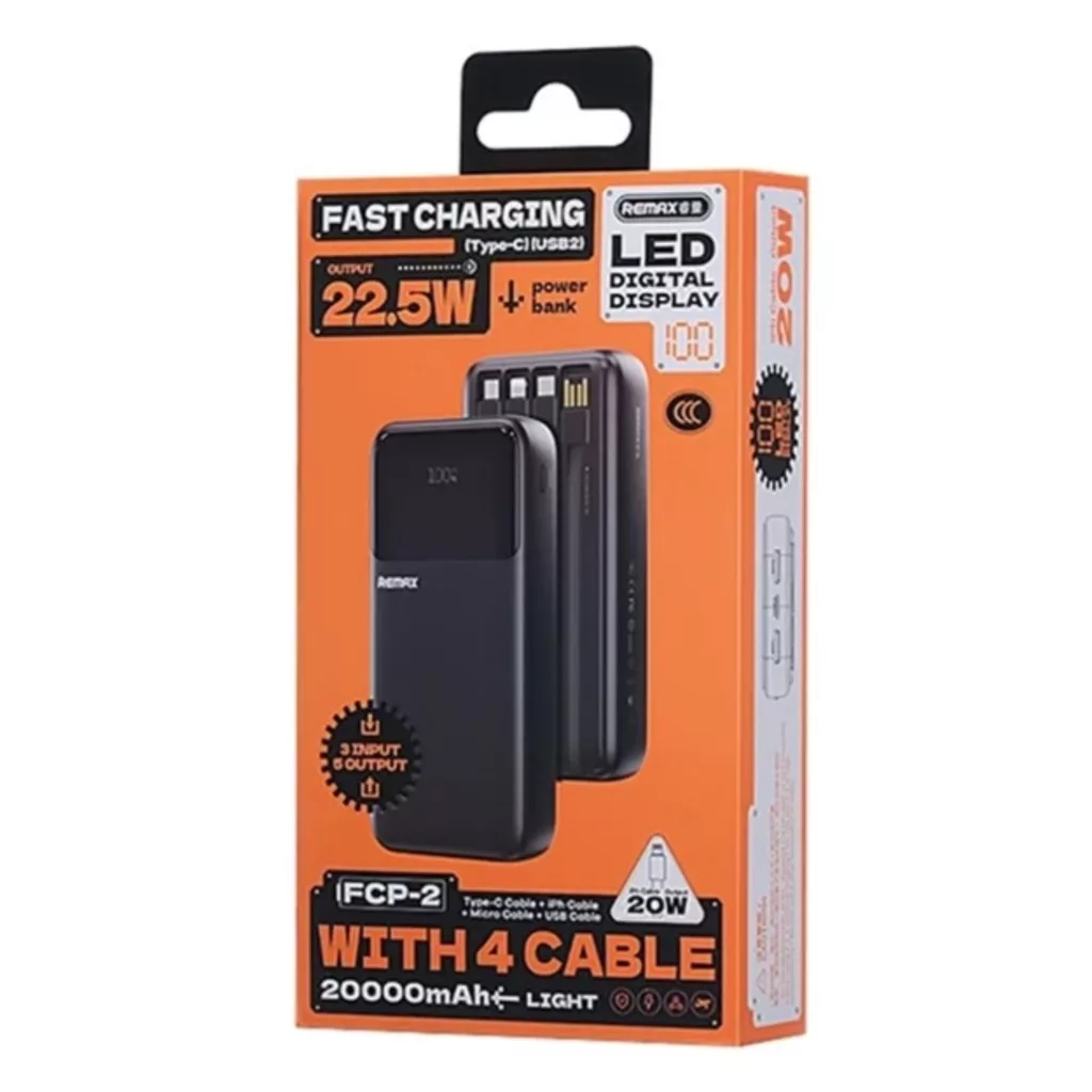 پاوربانک ریمکس مدل 4cable ظرفیت 20000 میلی آمپر ساعت
