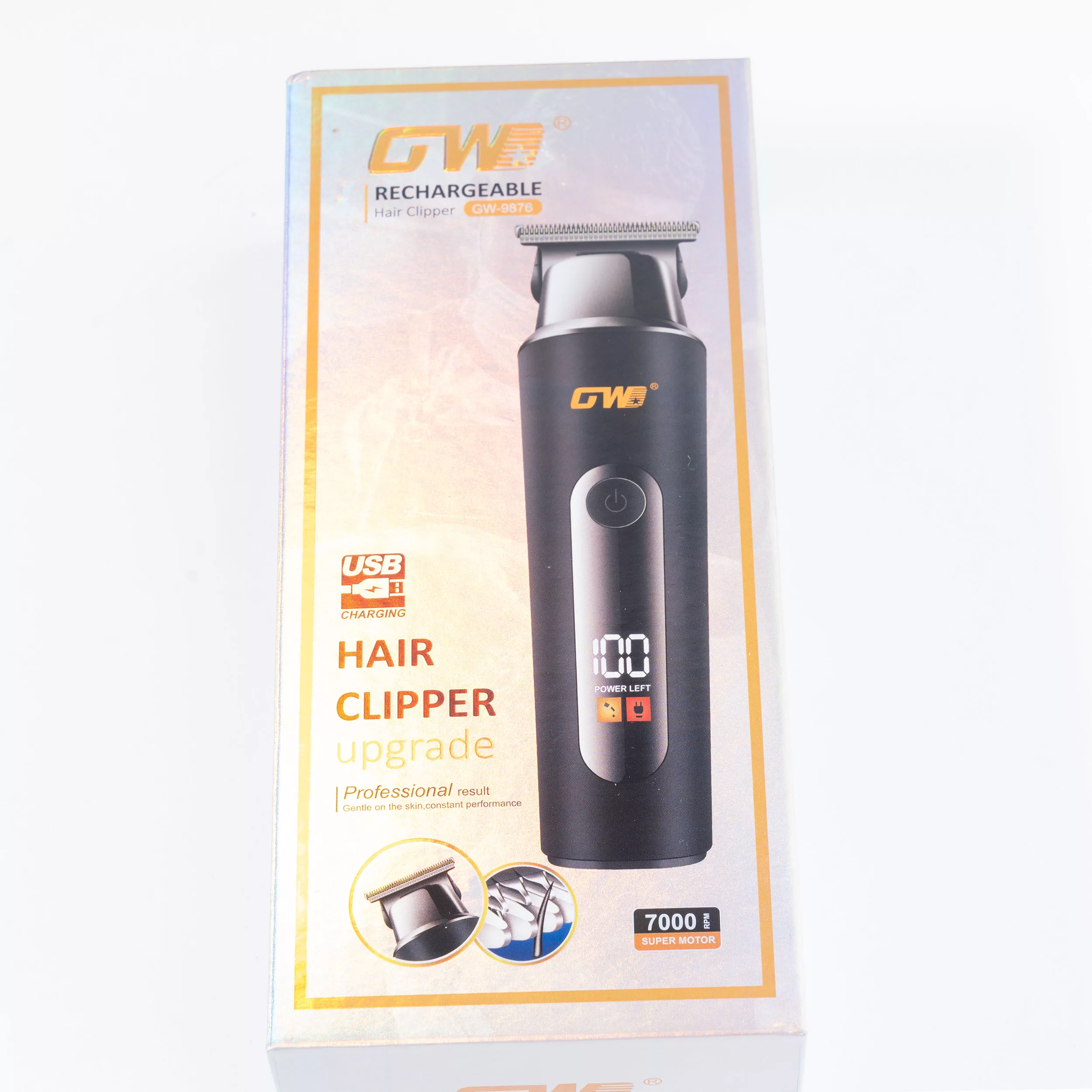 ماشین اصلاح موی سر و صورت جی دبلیو مدل GW-9876، اصلاح به صورت صفر زن، خط زن، منبع انرژی با کابل USB، تکنولوژی اصلاح به صورت تریم، اندازه اصلاح 1، 2 و 3 میلی‌متر، به‌همراه کابل USB، برس، روغن