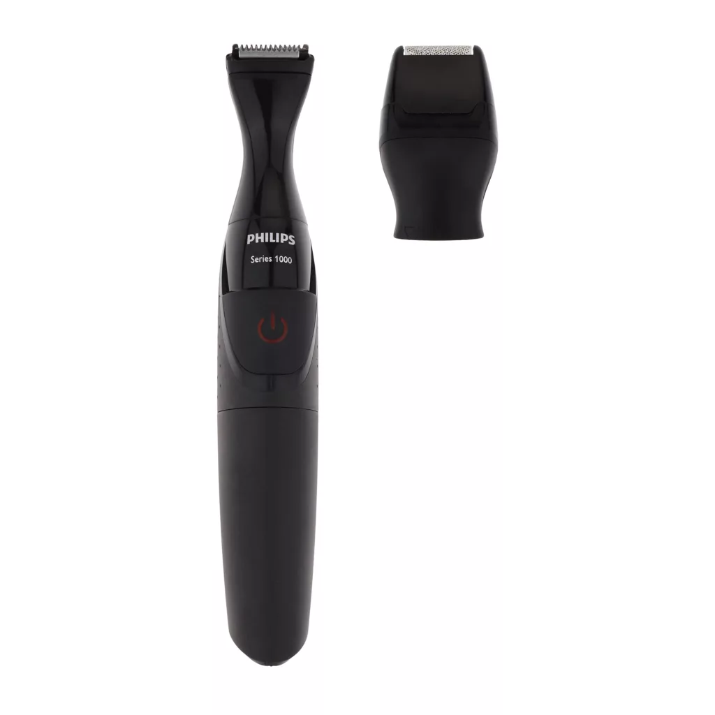 ماشین اصلاح موی صورت و بدن فیلیپس مدل MG1100، اصلاح به صورت تریمر، منبع انرژی باتری AA، تکنولوژی اصلاح به صورت برش مستقیم، به همراه برس تمیز کننده، سه عدد شانه و دو عدد سری، ضد آب و قابل شستشو، جنس تیغه از استیل ضد زنگ