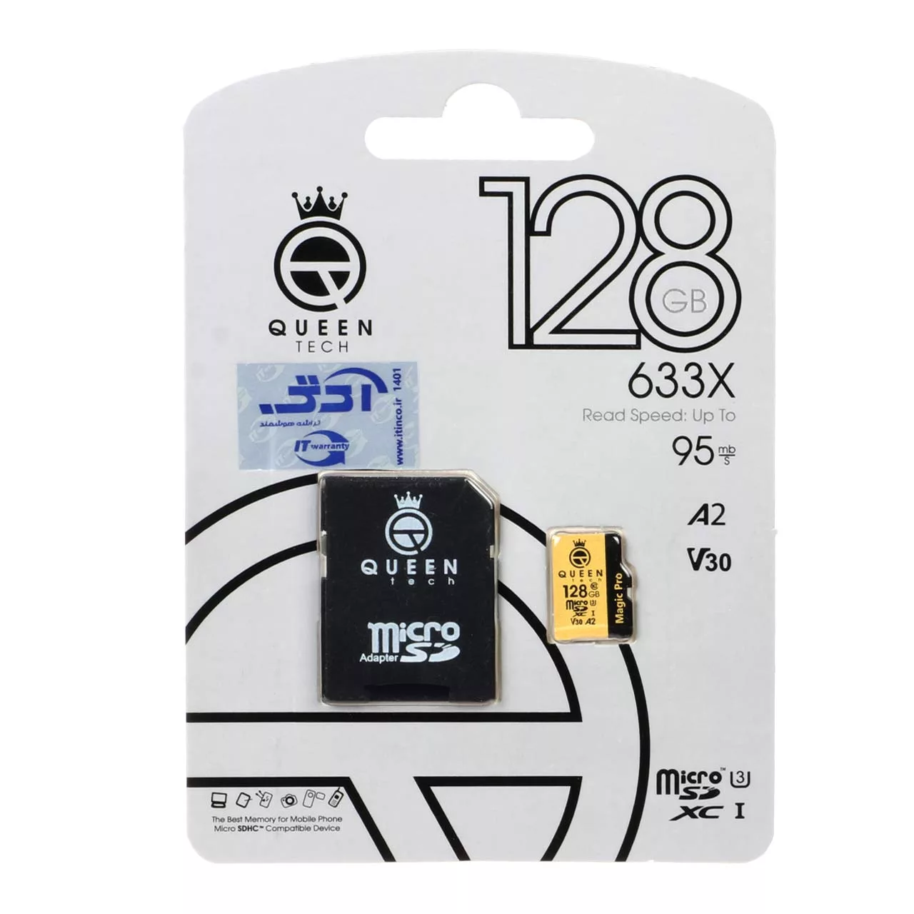 کارت حافظه microSDXC کوئین تک مدل magic pro 633X کلاس 10 استاندارد UHS-I U3 سرعت 95MBps ظرفیت 128 گیگابایت به همراه آداپتور SD کارت حافظه microSDXC کوئین تک مدل magic pro 633X کلاس 10 استاندارد UHS-I U3 سرعت 95MBps ظرفیت 128 گیگابایت به همراه آداپتور SD