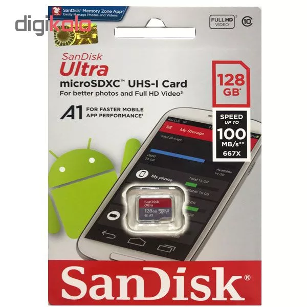 کارت حافظه microSDXC سن دیسک مدل Ultra A1 کلاس 10 استاندارد UHS-I U1 سرعت 100MBps ظرفیت 128 گیگابایت