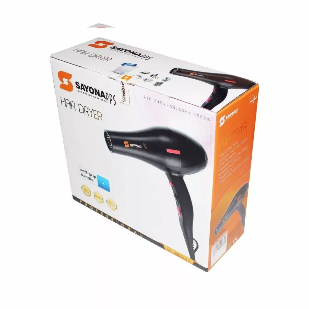 سشوار حرفه‌ای سایونا مدل SY-1200، موتور AC با توان مصرفی 2000 وات، دارای قابلیت تعویض سری و باد سرد، دارای حلقه آویختن، با حالت صاف‌کننده و حجم‌دهنده، وزن 1100 گرم، تنظیم حرارت 3 حالته و کنترل سرعت 2 حالته، به همراه 2 عدد سری متمرکزکننده پهن و باریک