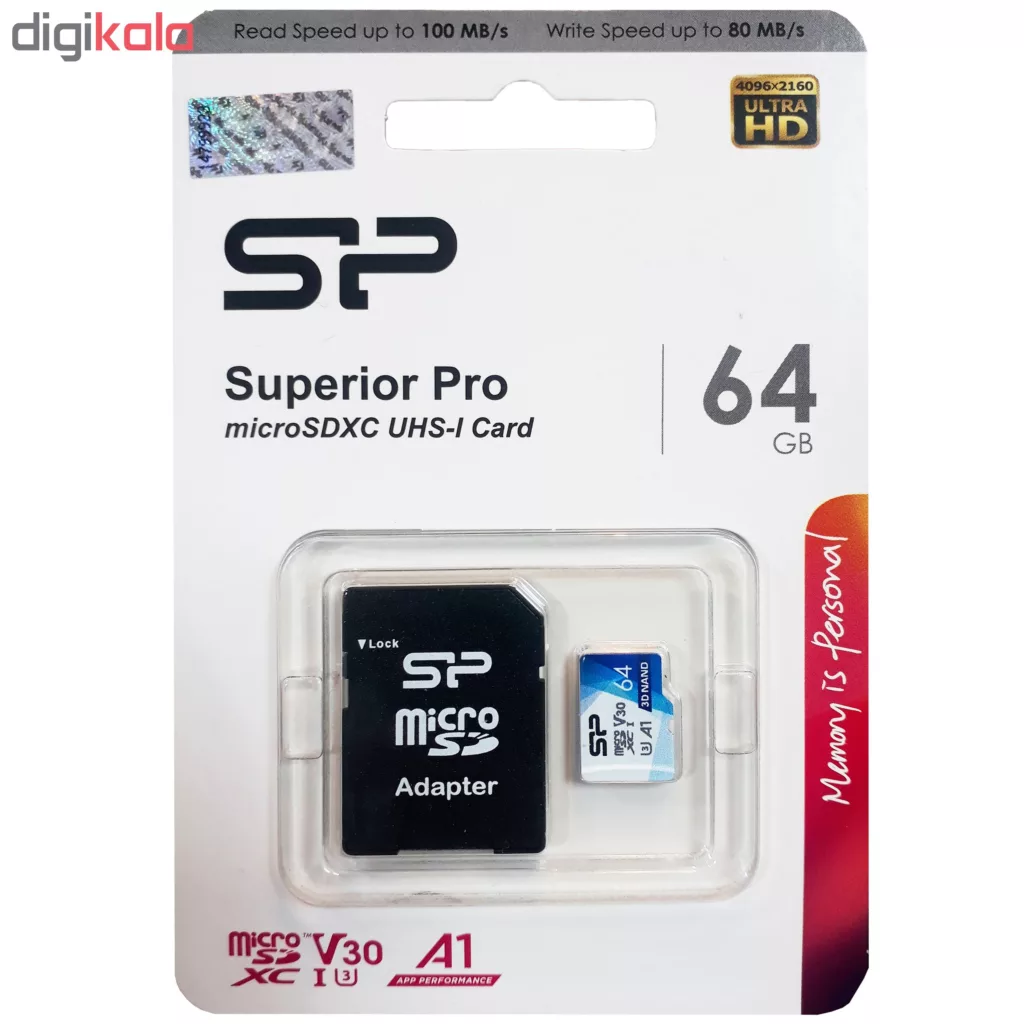 کارت حافظه microSDXC سیلیکون پاور مدل Superior Pro کلاس 10 استاندارد UHS-I U3 سرعت 100MBps ظرفیت 64 گیگابایت به همراه آداپتور SD