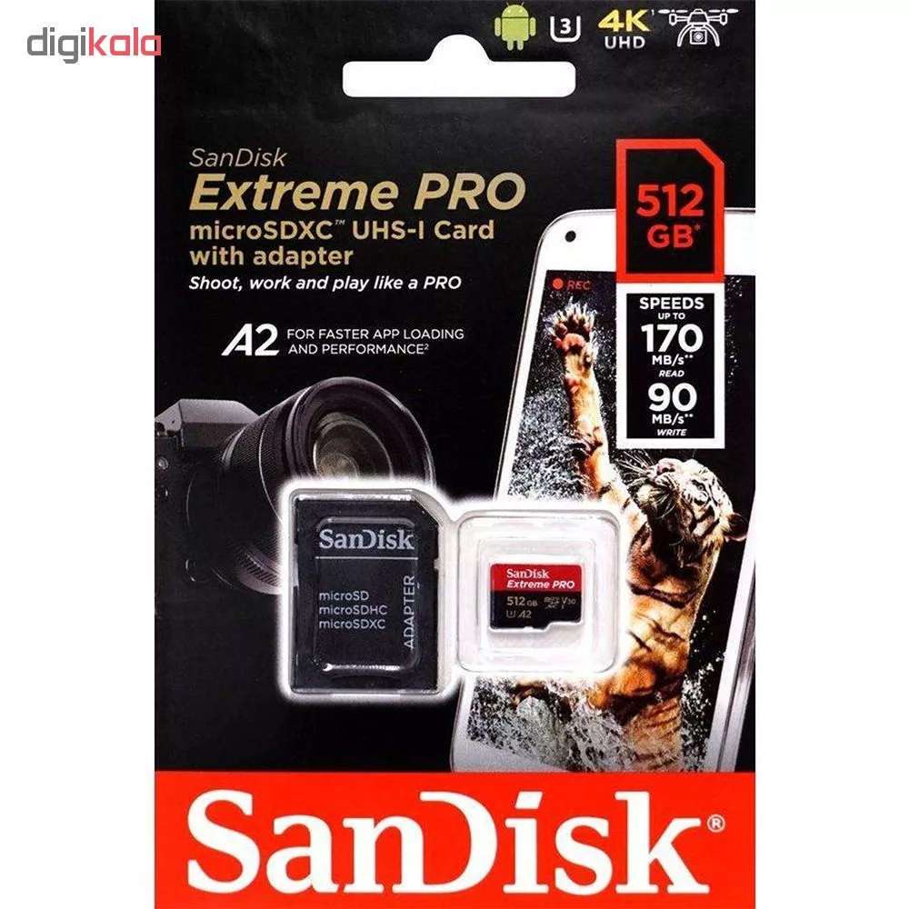 کارت حافظه microSDXC سن دیسک مدل Extreme PRO کلاس A2 استاندارد UHS-I U3 سرعت 170MBs ظرفیت 512 گیگابایت به همراه آداپتور SD