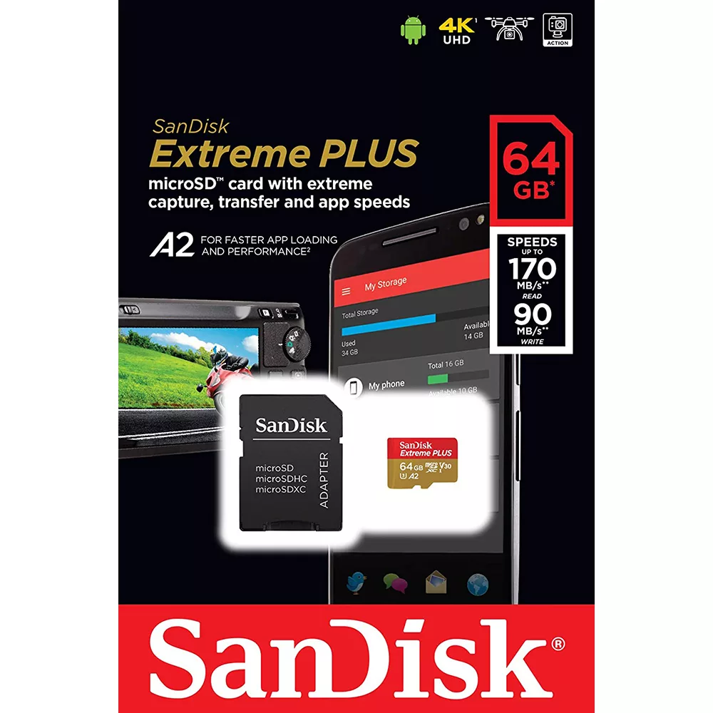 کارت حافظه microSDXC سن دیسک مدل extreme plus V30 کلاس 10 استاندارد UHS-I U3 سرعت 170MBps ظرفیت 64 گیگابایت به همراه آداپتور sd