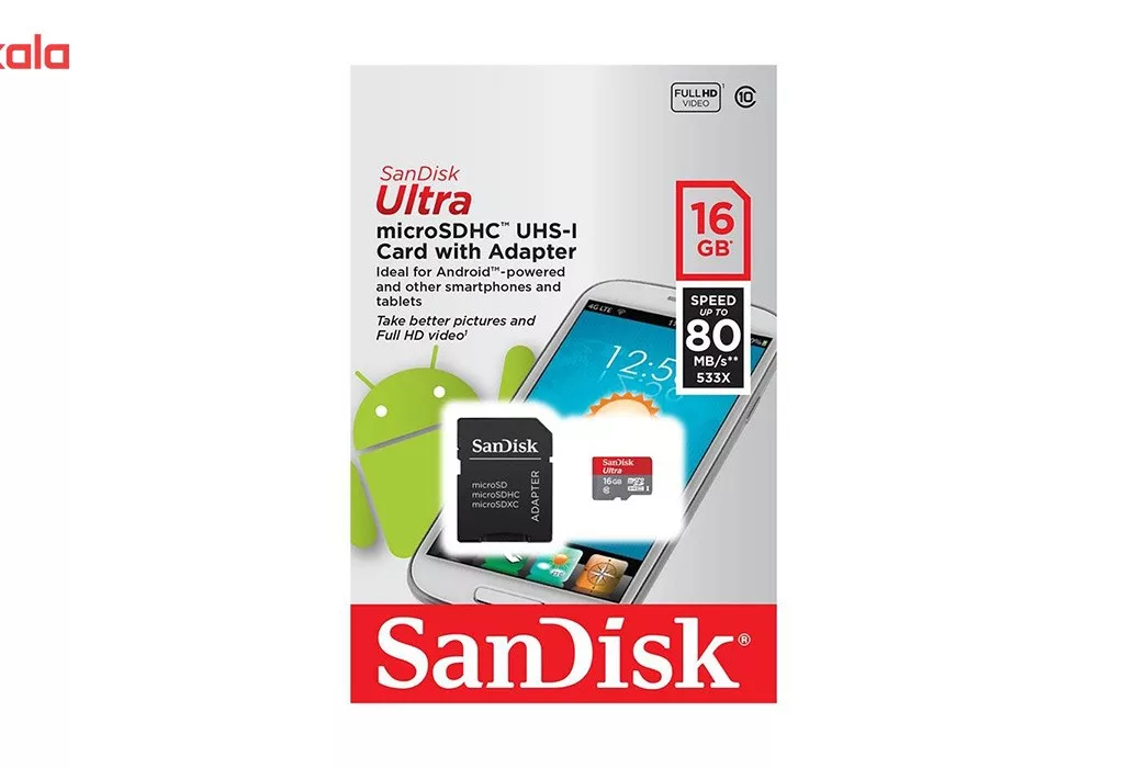 کارت حافظه microSDHC سن دیسک مدل Ultra کلاس 10 استاندارد UHS-I U1 سرعت 80MBps همراه با آداپتور ظرفیت 16 گیگابایت