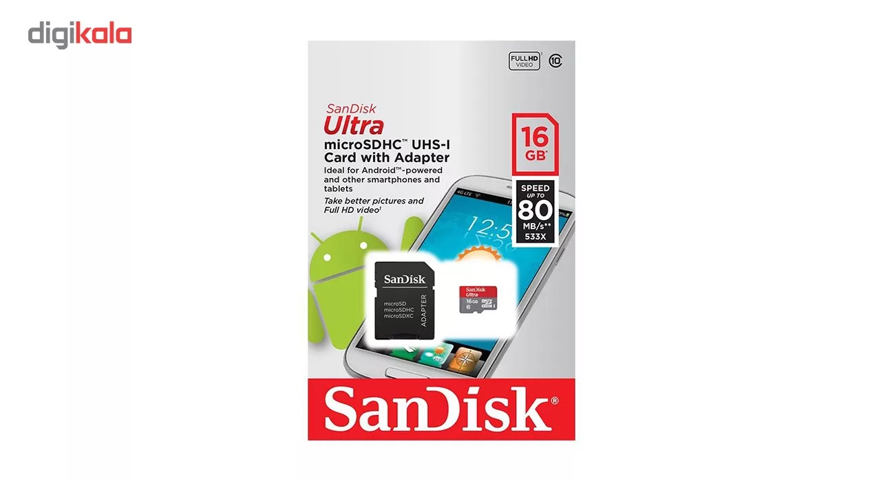 کارت حافظه microSDHC سن دیسک مدل Ultra کلاس 10 استاندارد UHS-I U1 سرعت 80MBps همراه با آداپتور ظرفیت 16 گیگابایت
