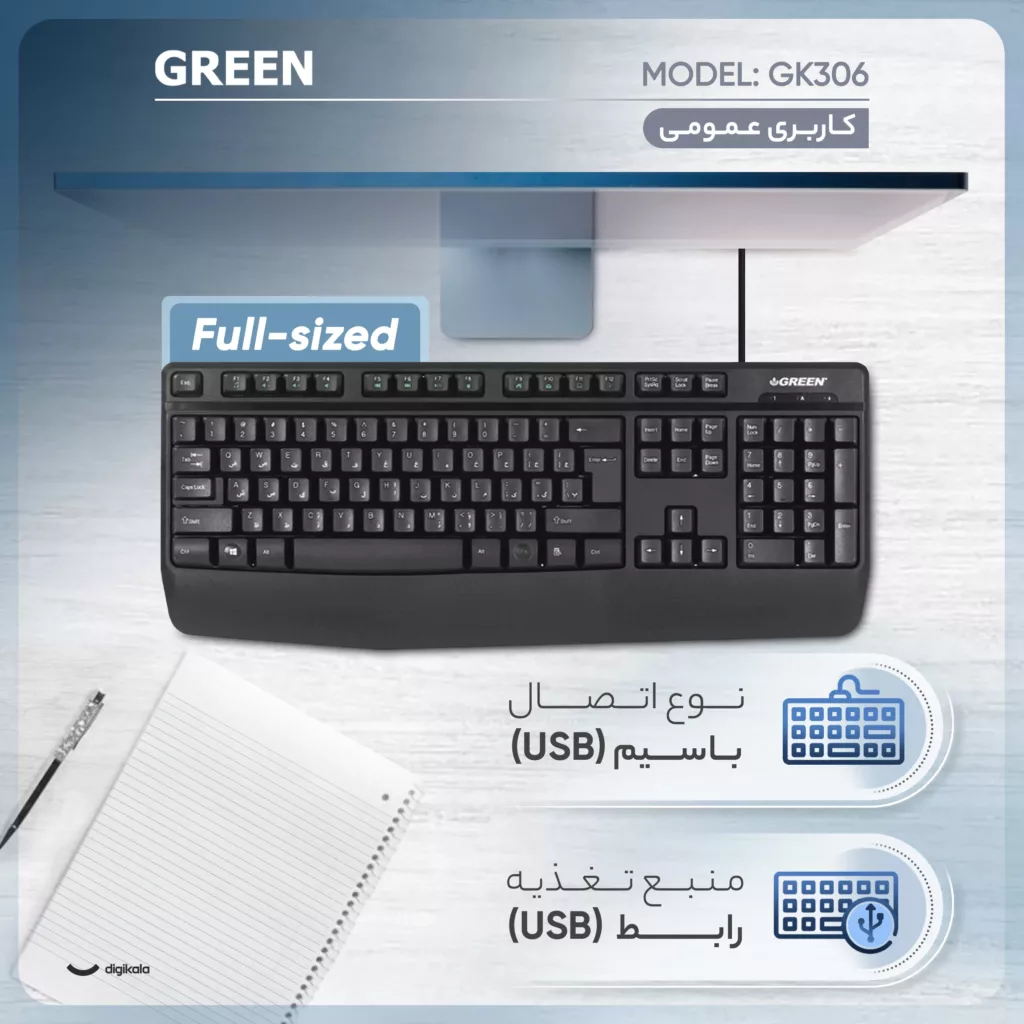 کیبورد گرین مدل GK306، سوییچ ممبران، Full-Size