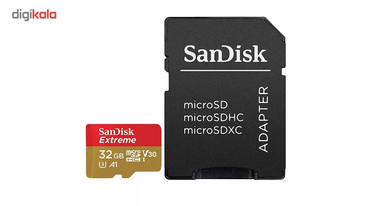 کارت حافظه microSDHC سن دیسک مدل Extreme V30 کلاس A1 استاندارد UHS-I U3 سرعت 100MBps 667X همراه با آداپتور SD ظرفیت 32 گیگابایت