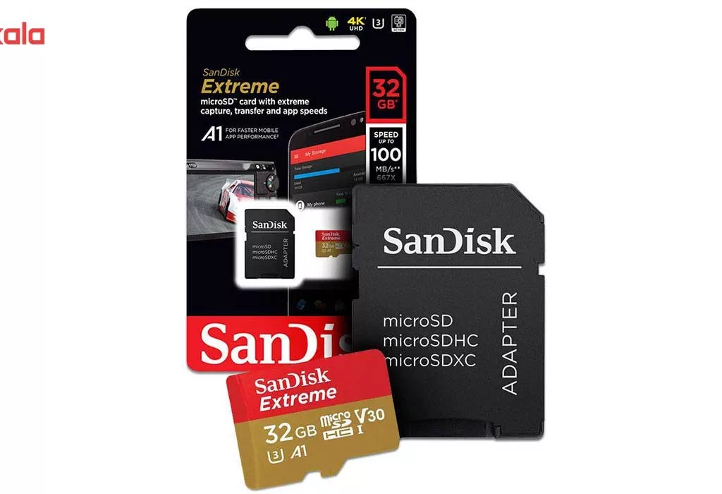 کارت حافظه microSDHC سن دیسک مدل Extreme V30 کلاس A1 استاندارد UHS-I U3 سرعت 100MBps 667X همراه با آداپتور SD ظرفیت 32 گیگابایت