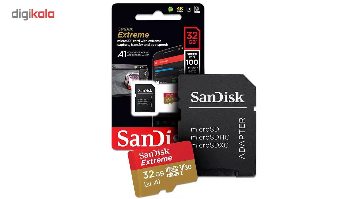 کارت حافظه microSDHC سن دیسک مدل Extreme V30 کلاس A1 استاندارد UHS-I U3 سرعت 100MBps 667X همراه با آداپتور SD ظرفیت 32 گیگابایت