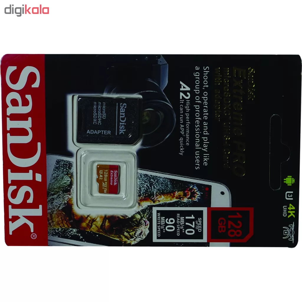 کارت حافظه microSDXC سن دیسک مدل Extreme PRO کلاس A2 استاندارد UHS-I U3 سرعت 170MBs ظرفیت 128 گیگابایت به همراه آداپتور SD