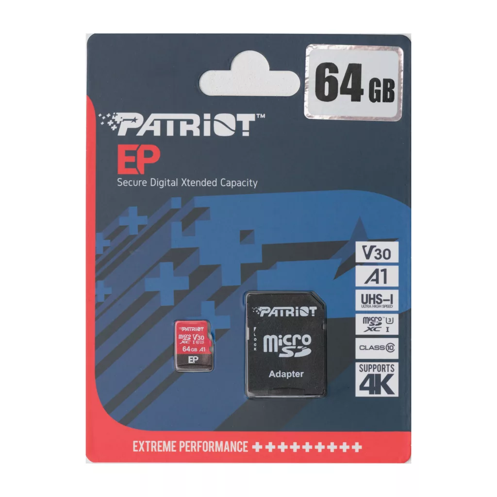 کارت حافظه microSDXC پتریوت مدل EP کلاس 10 استاندارد UHS-I U3-V30 سرعت 90MBpsظرفیت 64 گیگابایت به همراه آداپتورSD