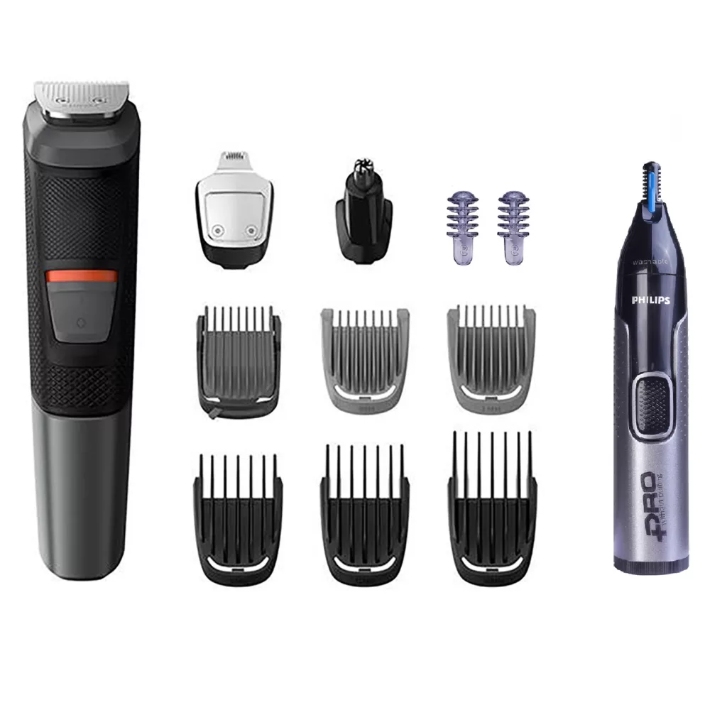 ماشین اصلاح موی سر و صورت فیلیپس مدل 5000 به‌همراه موزن بینی pro، اصلاح به صورت حجم‌زن، ضد آب، منبع انرژی باتری قابل شارژ، تکنولوژی اصلاح به صورت برش مستقیم، مدت زمان شارژ سریع 5 دقیقه و مدت زمان استفاده پس از شارژ 80 دقیقه، به‌همراه شارژر، کیف نگهداری