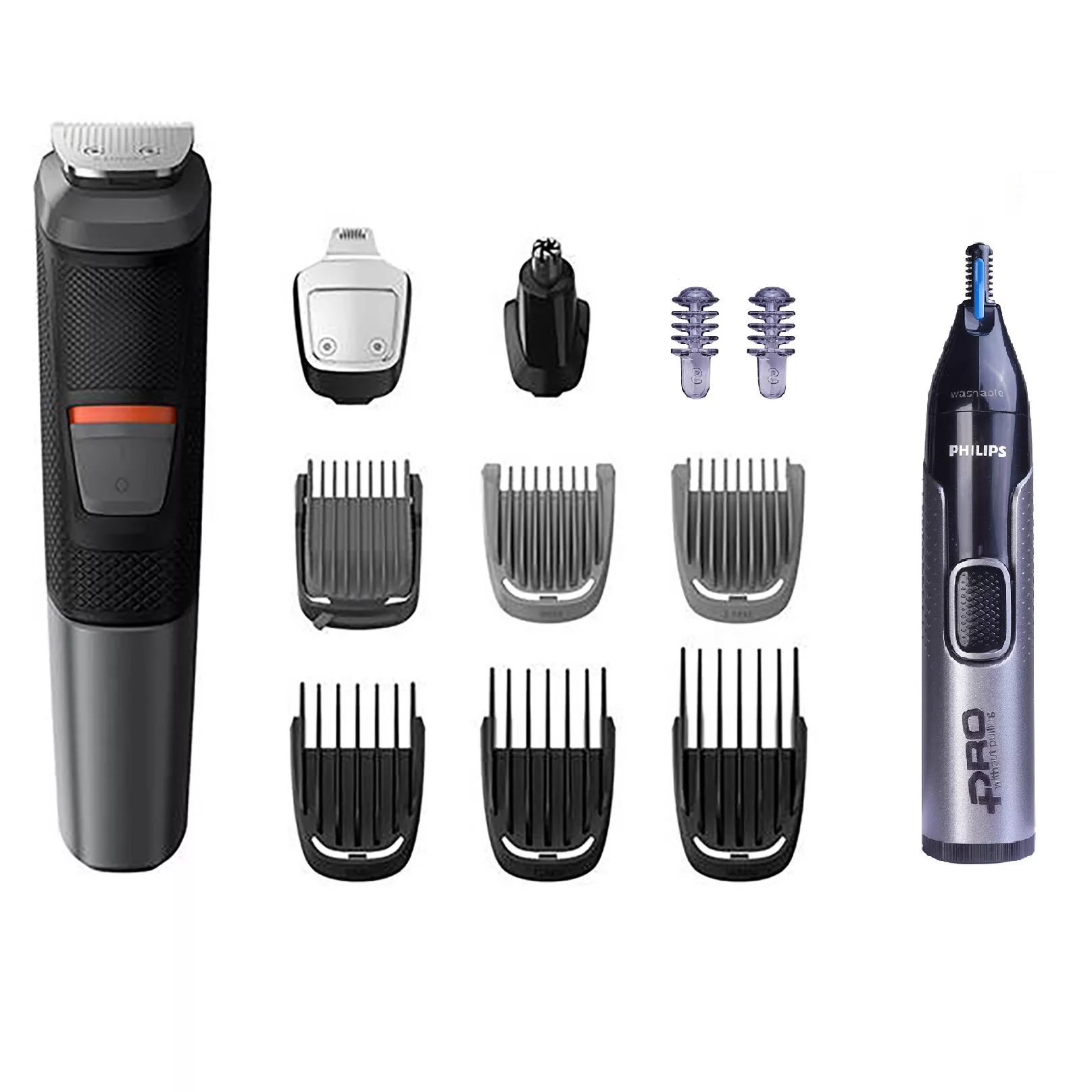 ماشین اصلاح موی سر و صورت فیلیپس مدل 5000 به‌همراه موزن بینی pro، اصلاح به صورت حجم‌زن، ضد آب، منبع انرژی باتری قابل شارژ، تکنولوژی اصلاح به صورت برش مستقیم، مدت زمان شارژ سریع 5 دقیقه و مدت زمان استفاده پس از شارژ 80 دقیقه، به‌همراه شارژر، کیف نگهداری