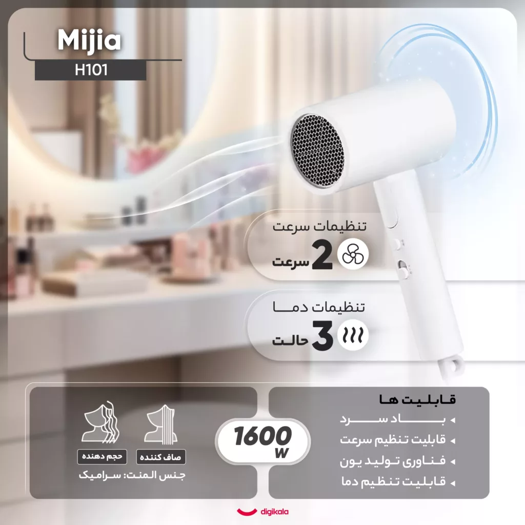 سشوار مسافرتی خانگی میجیا مدل H101، موتور AC با توان مصرفی 1600 وات، دارای قابلیت باد سرد، دارای حلقه آویختن، با حالت صاف‌کننده و حجم‌دهنده، وزن 500 گرم، تنظیم حرارت 2 حالته و کنترل سرعت 2 حالته، به همراه 1 عدد سری متمرکزکننده باریک
