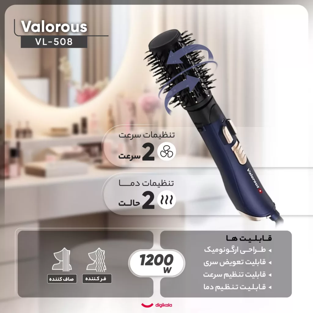 سشوار برس‌دار چرخشی حرفه‌ای والوروس مدل VL-508، موتور AC با توان مصرفی 1200 وات، دارای قابلیت تعویض سری، طراحی ارگونومیک، دارای سیم گردان، با حالت صاف‌کننده و فرکننده، وزن 950 گرم، تنظیم حرارت 2 حالته و کنترل سرعت 2 حالته، به همراه 3 سری برس‌دار