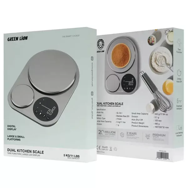 ترازو آشپزخانه دیجیتال گرین لاین مدل دوکاره حداکثر ظرفیت قابل اندازه‌گیری 5 کیلوگرم با دقت اندازه‌گیری 0.1 گرم