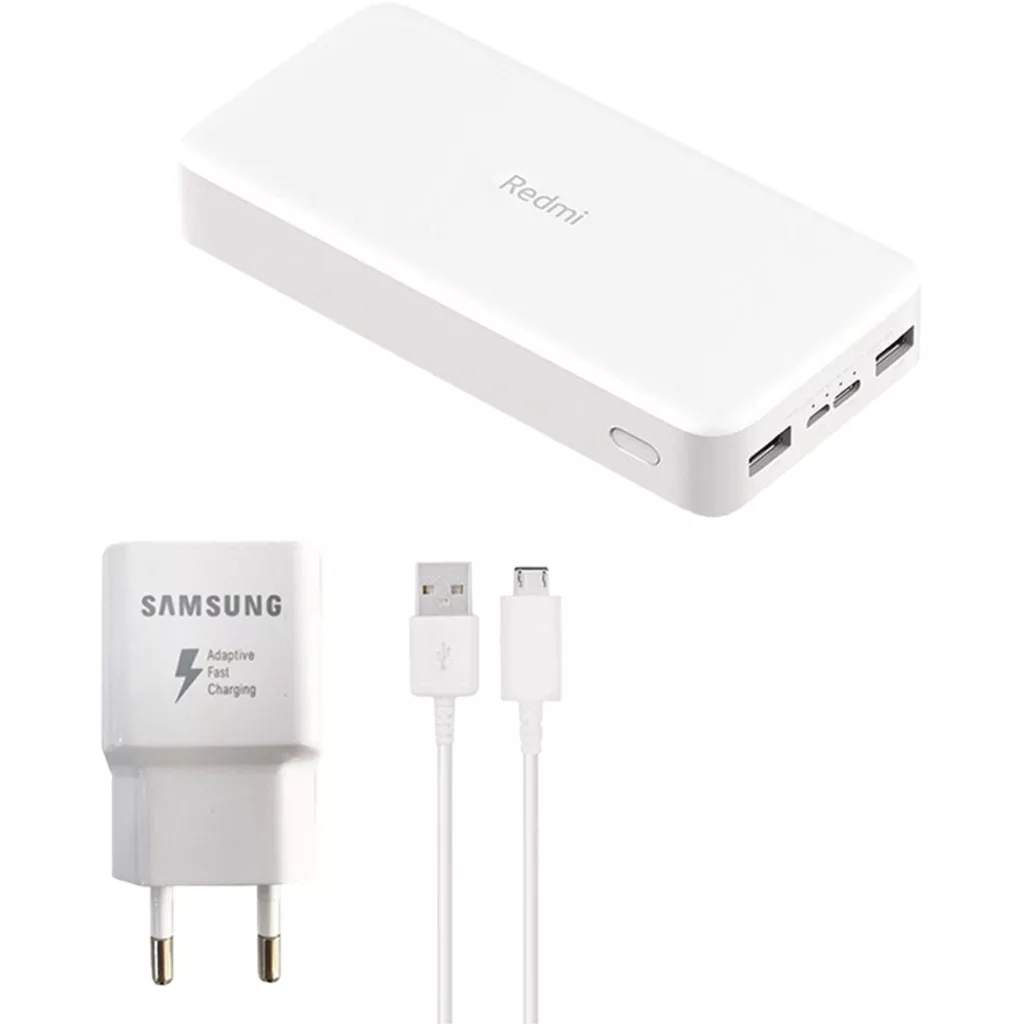 پاوربانک شیائومی مدل Redmi PB200LZM ظرفیت 20000 میلی آمپرساعت به همراه شارژر دیواری سامسونگ و کابل تبدیل