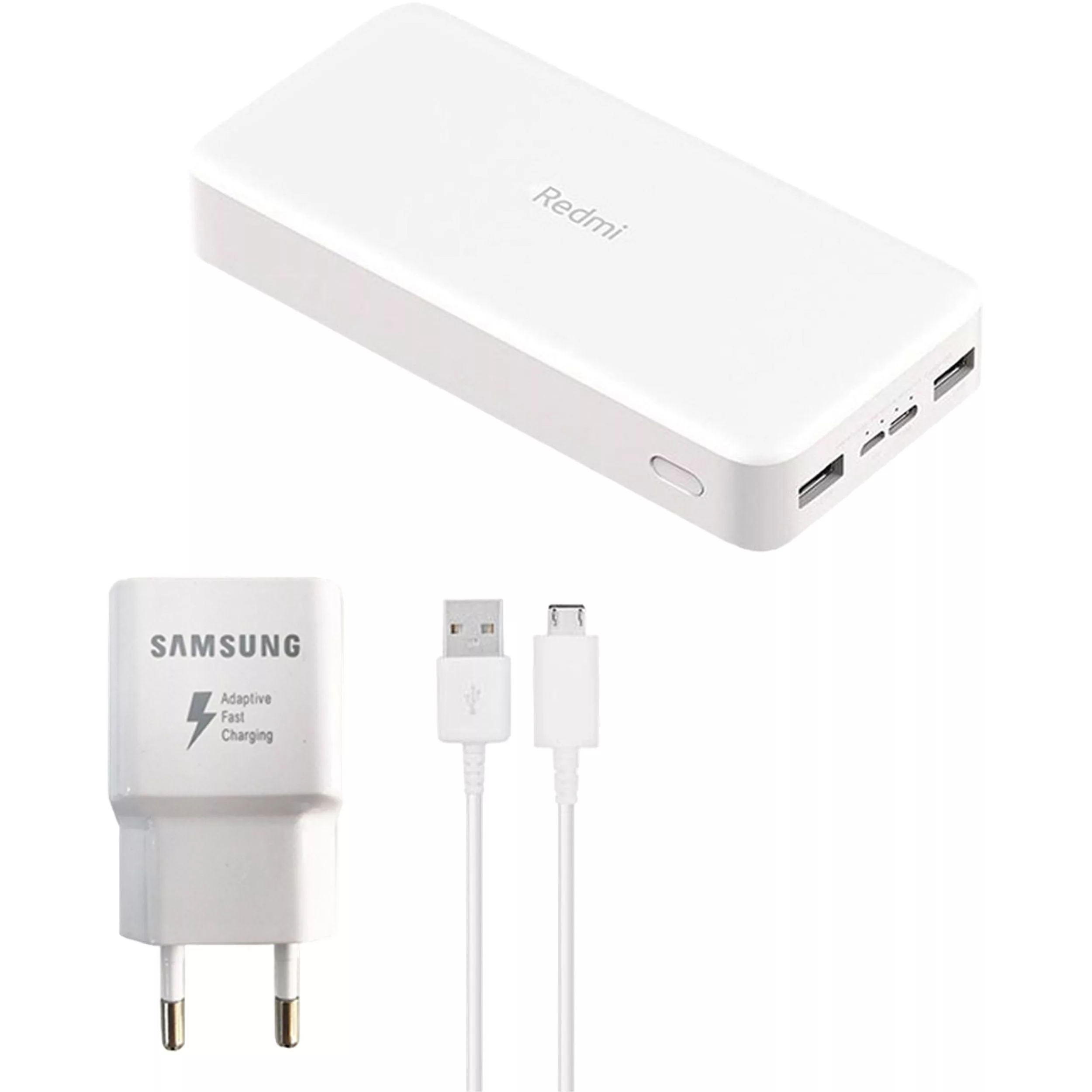 پاوربانک شیائومی مدل Redmi PB200LZM ظرفیت 20000 میلی آمپرساعت به همراه شارژر دیواری سامسونگ و کابل تبدیل