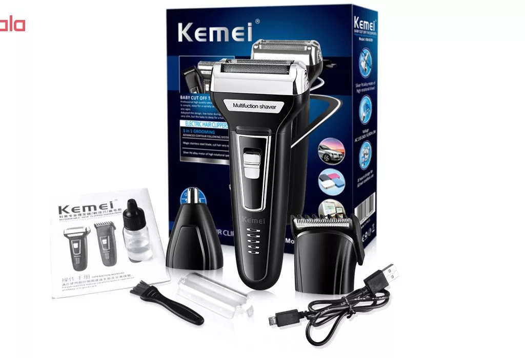 ماشین اصلاح موی صورت کیمی مدل KM-6559، اصلاح به صورت صفر زن، خط زن، دارای سه سری مخصوص برای اصلاح صورت، سر، گوش و بینی، منبع انرژی با کابل USB، تکنولوژی اصلاح به صورت برش چرخشی، مدت زمان شارژ 480 دقیقه و مدت زمان استفاده پس از شارژ 60 دقیقه