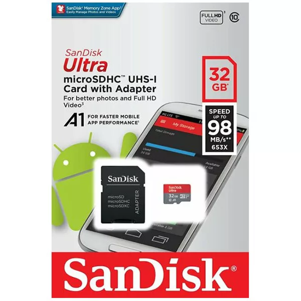 کارت حافظه microSDHC سن دیسک مدل Ultra A1 کلاس 10 استاندارد UHS-I سرعت 98MBps ظرفیت 32 گیگابایت به همراه آدابتور sd