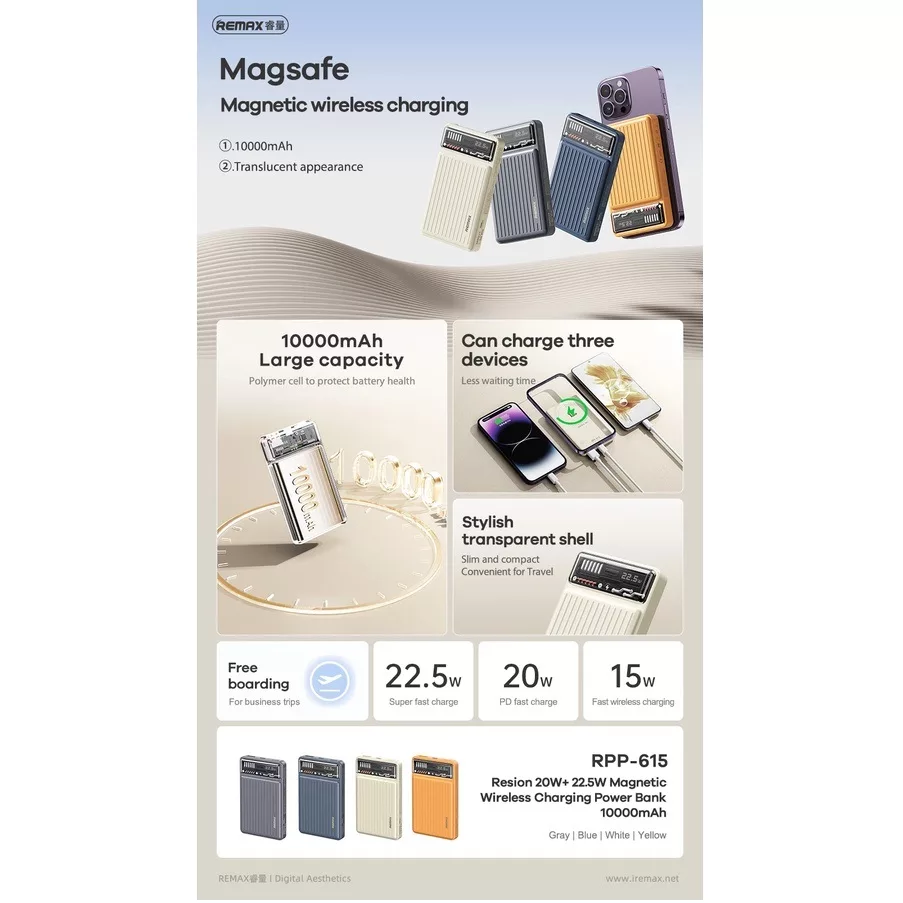 پاوربانک ریمکس مدل MagSafe Wireless Fast Charge RP-615 ظرفیت 10000 میلی آمپر ساعت