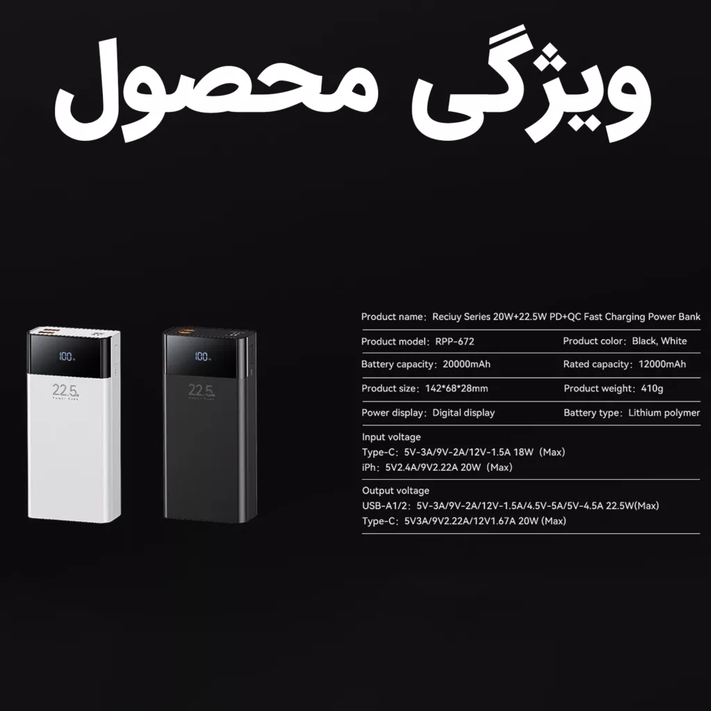پاوربانک ریمکس مدل RPP-672 ظرفیت 20000 میلی آمپر ساعت