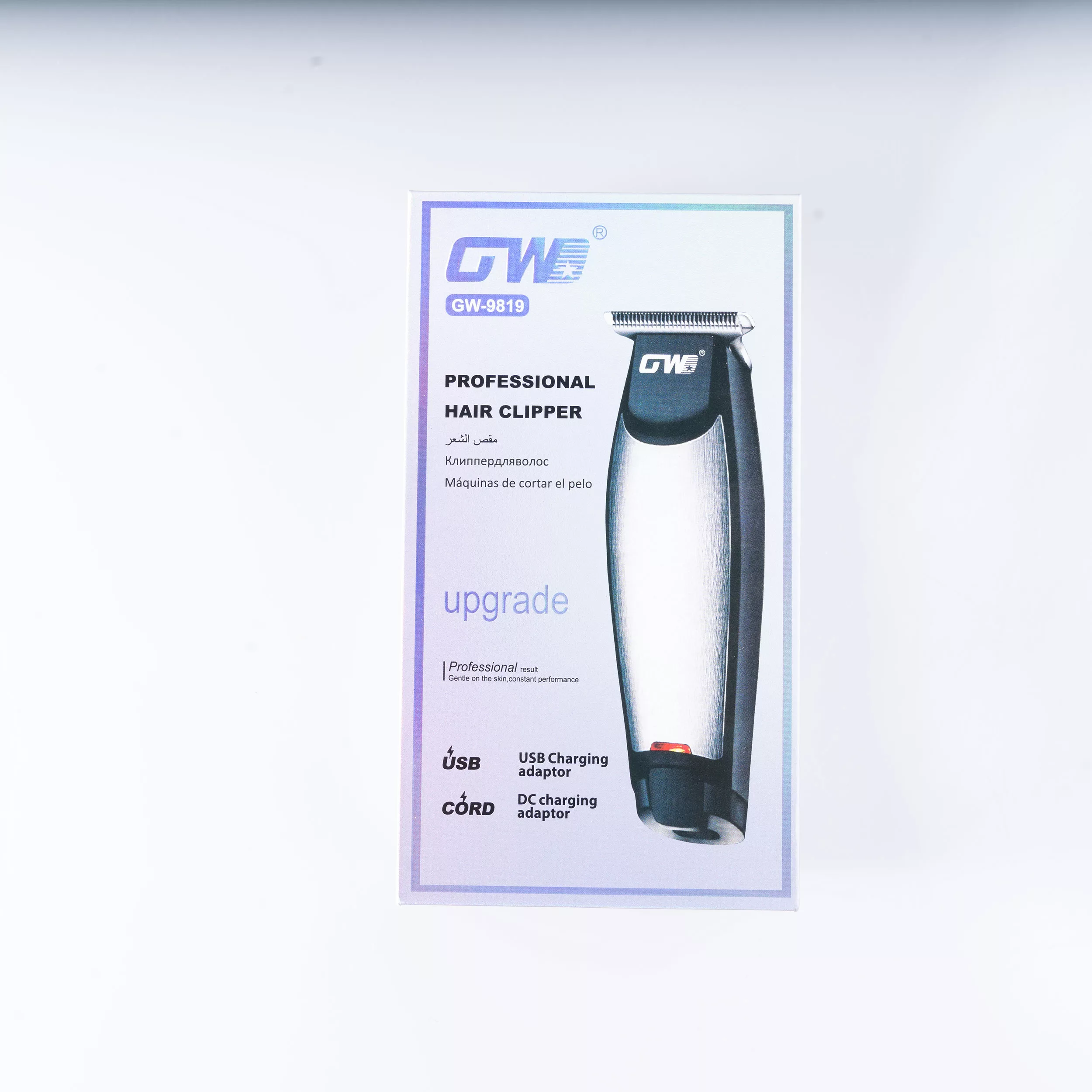 ماشین اصلاح موی سر و صورت شارژی جی دبلیو مدل G-9819، اصلاح به صورت خط زن و صفر زن، منبع انرژی با برق و باتری، تکنولوژی اصلاح به صورت تریمر، اندازه اصلاح 0.1 میلیمتر، مدت زمان شارژ 480 دقیقه و مدت زمان استفاده پس از شارژ 60 دقیقه، به همراه شارژر و روغن