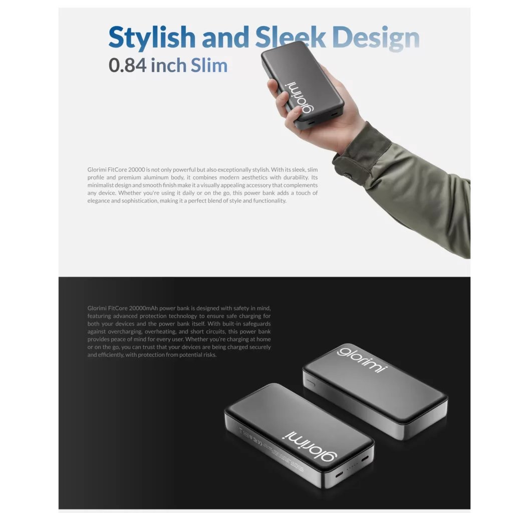 پاوربانک 20وات گلوریمی مدل FitCore ظرفیت 20000 میلی آمپر ساعت