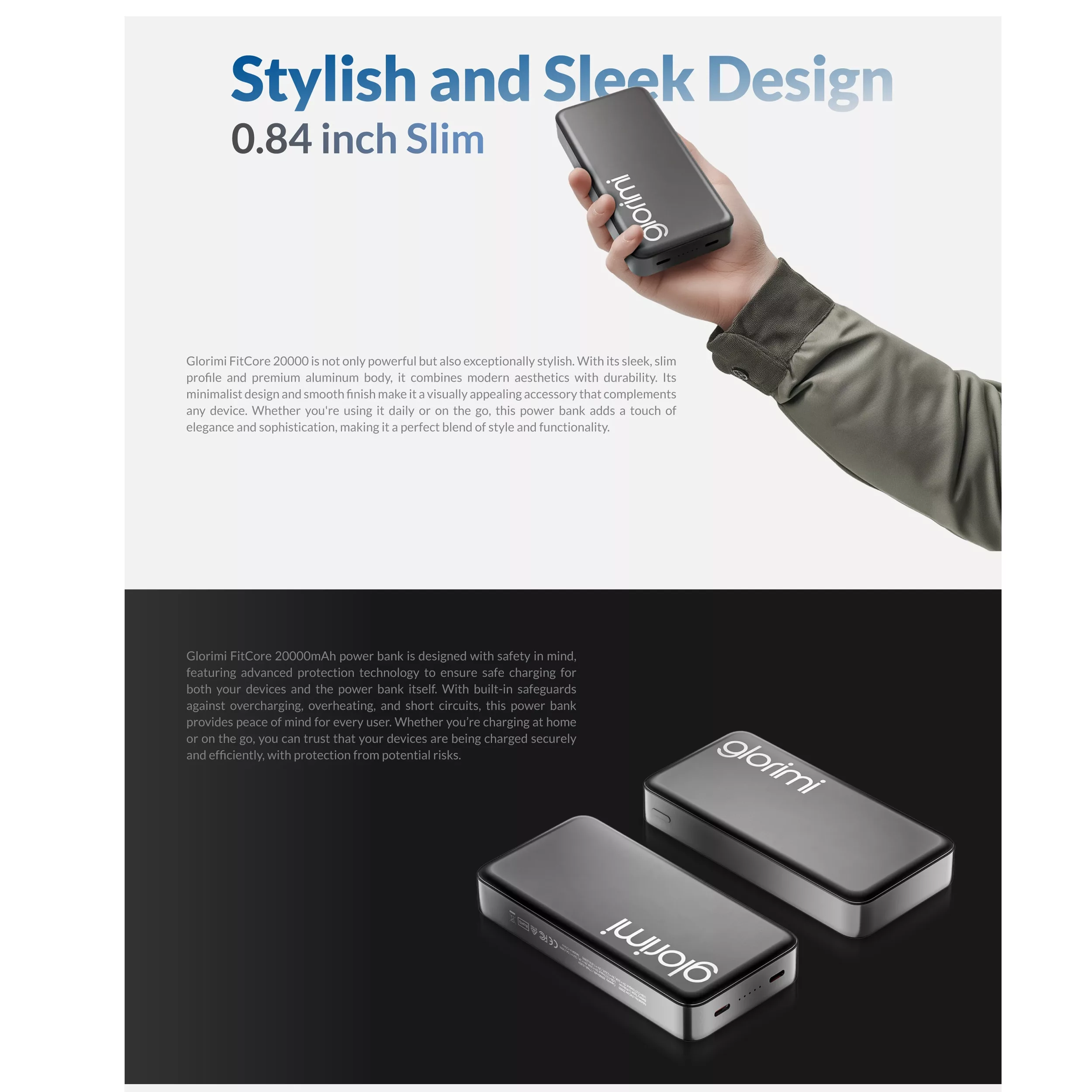 پاوربانک 20وات گلوریمی مدل FitCore ظرفیت 20000 میلی آمپر ساعت