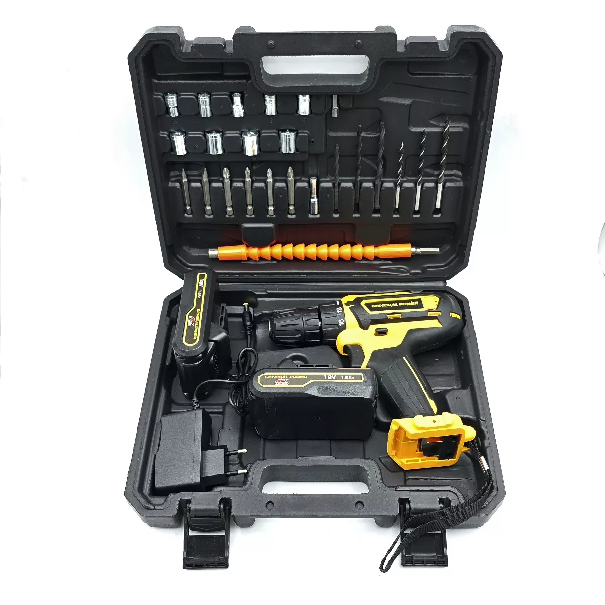 مجموعه 28 عددی دریل پیچ گوشتی شارژی سه نظام 10 میلیمتری 18 ولت جنرال پاور مدل 18V