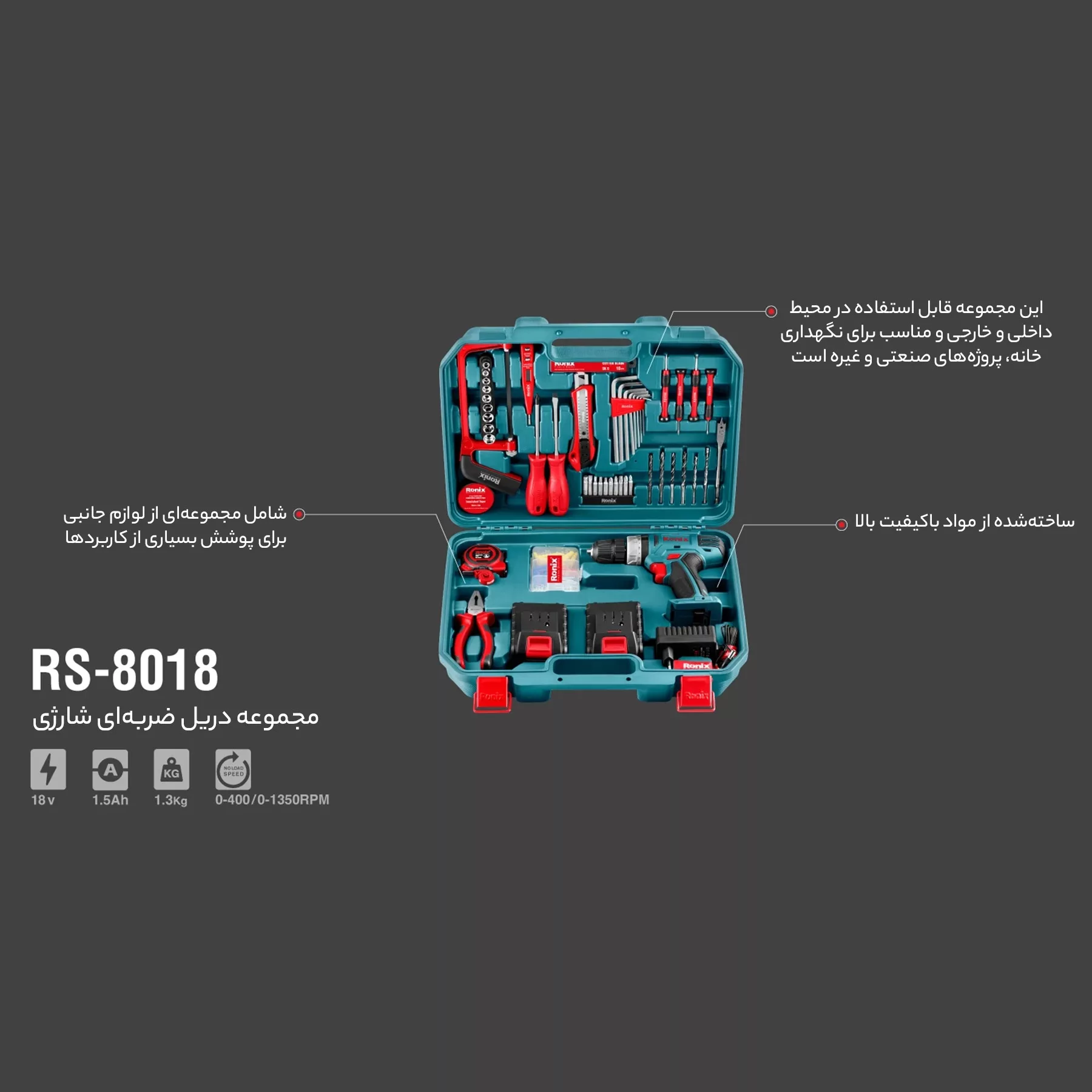 مجموعه 53 عددی دریل شارژی رونیکس مدل 8018