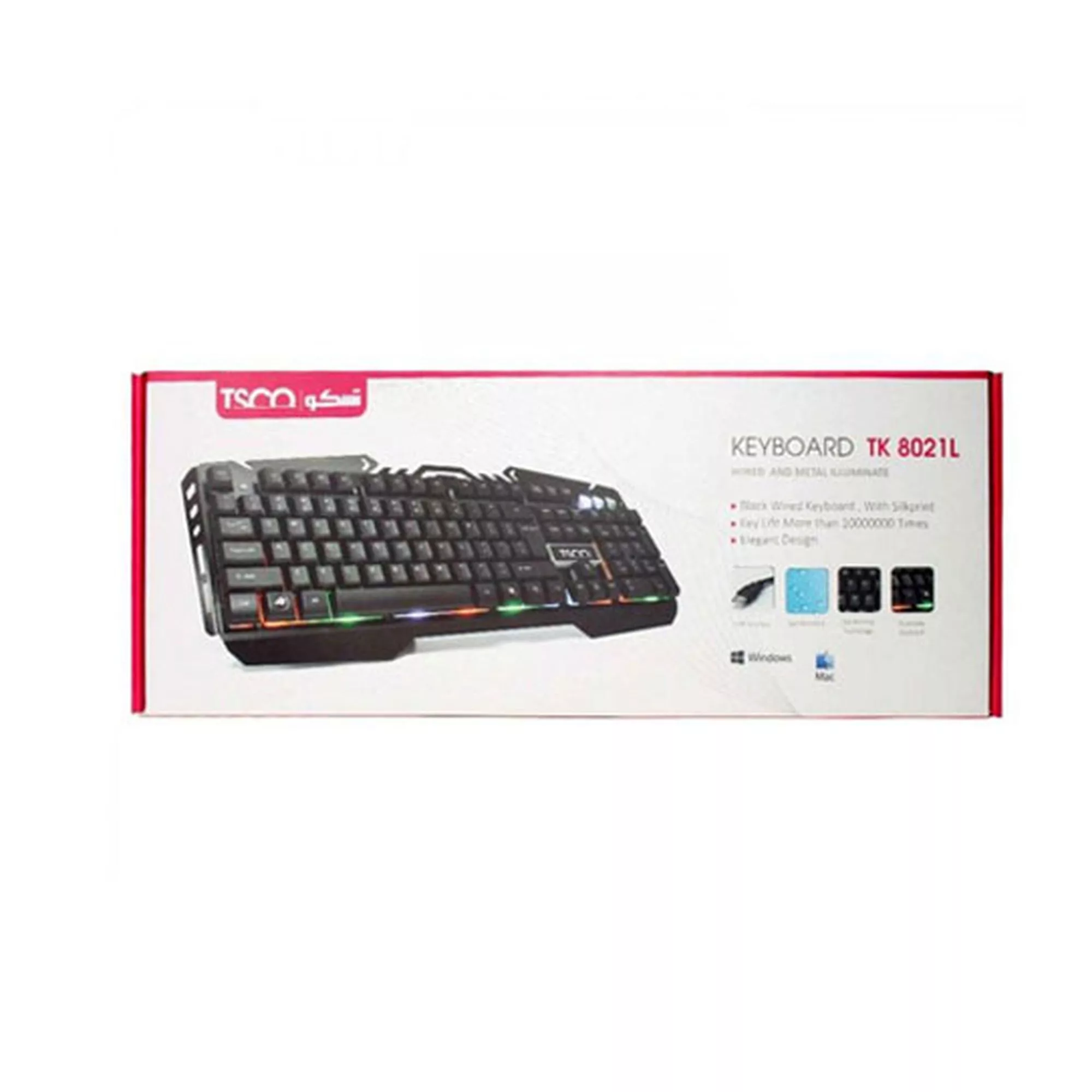 کیبورد گیمینگ تسکو مدل TK 8021L با حروف فارسی، سوییچ ممبران، Full-Size، نورپردازی RGB LED