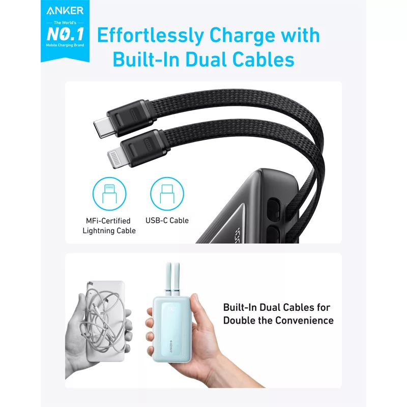 پاوربانک انکر مدل A1681 ظرفیت 20000 میلی آمپر ساعت به همراه کابل لایتنیگ و کابل USB Type-C