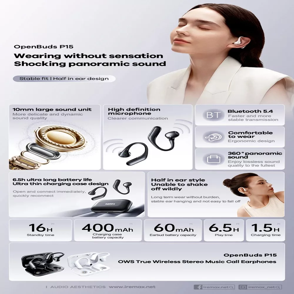 هدفون بلوتوثی ریمکس مدل Open Buds P15