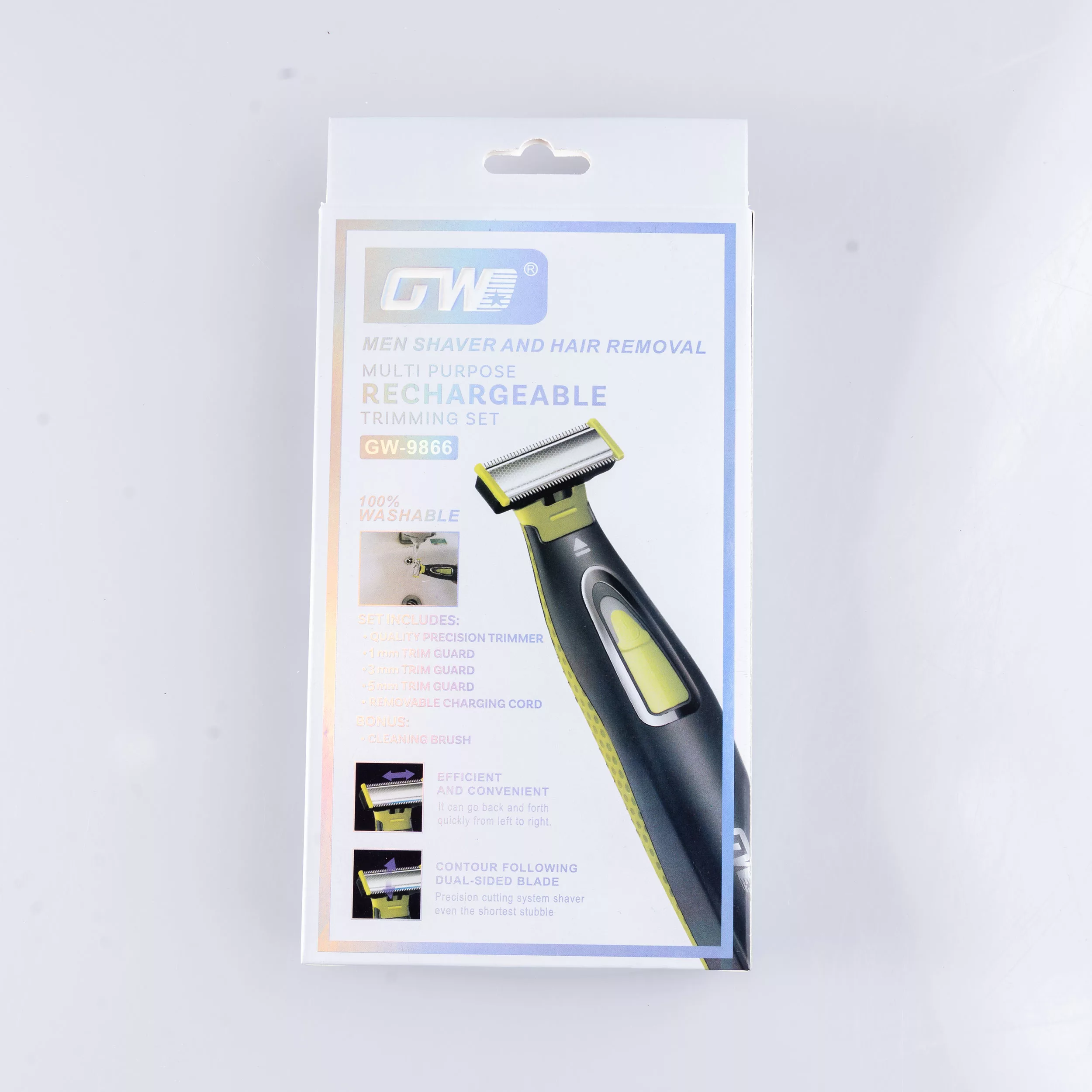 ماشین اصلاح موی صورت شارژی جی دبلیو مدل GW-9866، اصلاح به صورت صفر زن، طراحی ارگونومیک، منبع انرژی با باتری، تکنولوژی اصلاح به صورت تریمر، اندازه اصلاح 0.1 میلی‌متر، مدت زمان شارژ 480 دقیقه، دارای بدنه ضد لغزش، به همراه برس تمیزکننده و کابل شارژ USB