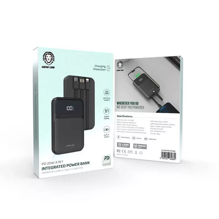 پاوربانک قابل حمل گرین لاین مدل INTEGRATED GL-PB36 ظرفیت 10000 میلی آمپر ساعت