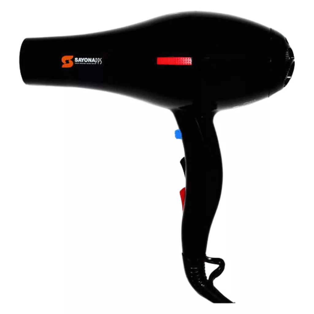 سشوار حرفه‌ای سایونا مدل SY-1200، موتور AC با توان مصرفی 2000 وات، دارای قابلیت تعویض سری و باد سرد، دارای حلقه آویختن، با حالت صاف‌کننده و حجم‌دهنده، وزن 1100 گرم، تنظیم حرارت 3 حالته و کنترل سرعت 2 حالته، به همراه 2 عدد سری متمرکزکننده پهن و باریک