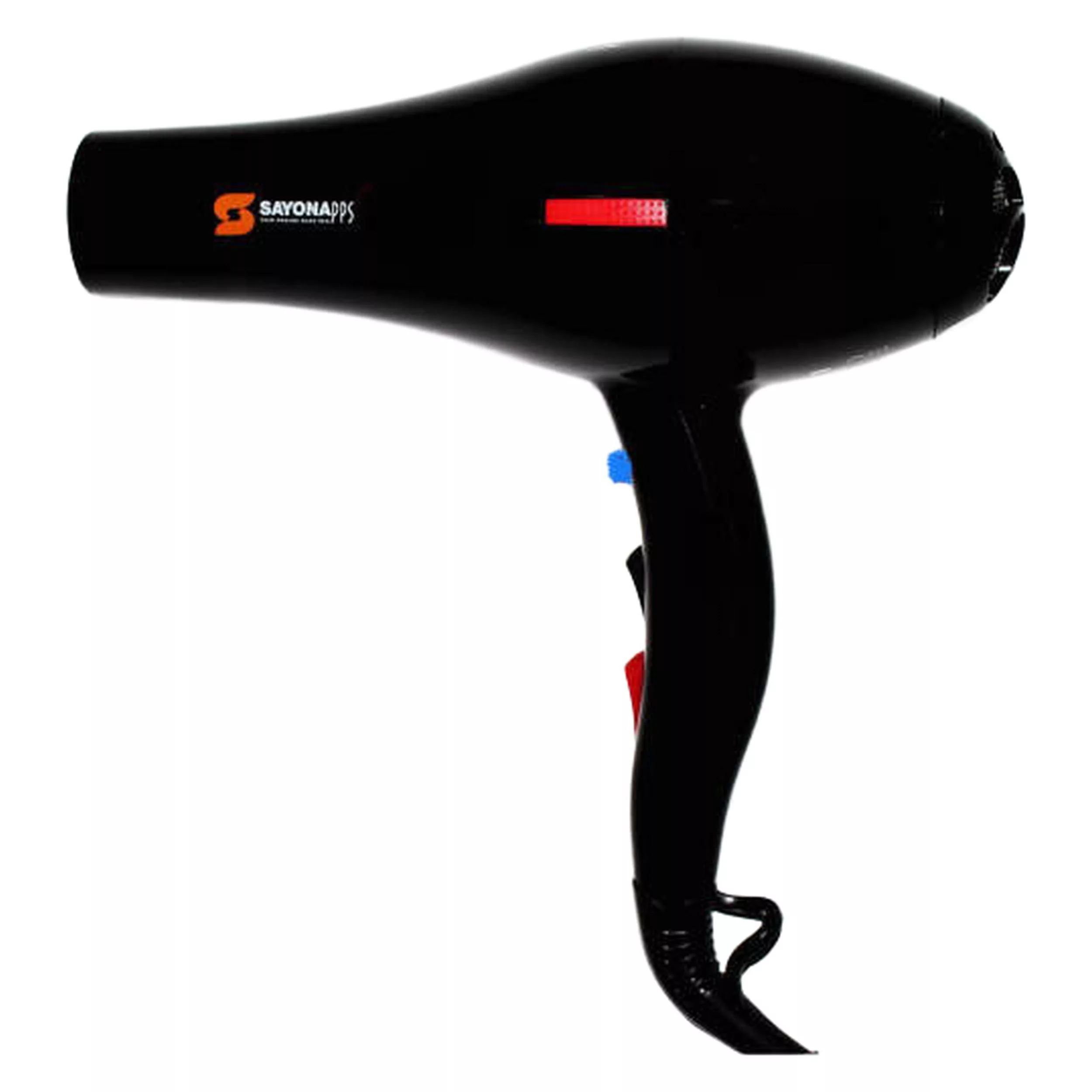 سشوار حرفه‌ای سایونا مدل SY-1200، موتور AC با توان مصرفی 2000 وات، دارای قابلیت تعویض سری و باد سرد، دارای حلقه آویختن، با حالت صاف‌کننده و حجم‌دهنده، وزن 1100 گرم، تنظیم حرارت 3 حالته و کنترل سرعت 2 حالته، به همراه 2 عدد سری متمرکزکننده پهن و باریک