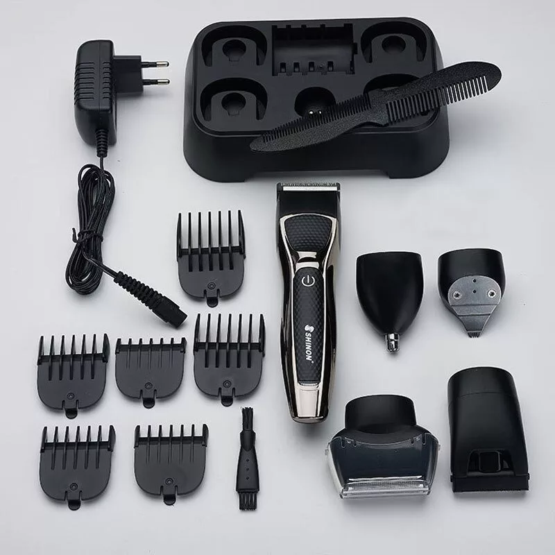 ست ماشین اصلاح موی صورت و بدن شینون مدل SH-1877، اصلاح به صورت صفر زن، حجم زن و خط زن، منبع انرژی با برق، تکنولوژی اصلاح به صورت برش مستقیم، مدت زمان شارژ 120 دقیقه و مدت زمان استفاده پس از شارژ 120 دقیقه، دارای استند نگهداری، به همراه برس تمیزکننده