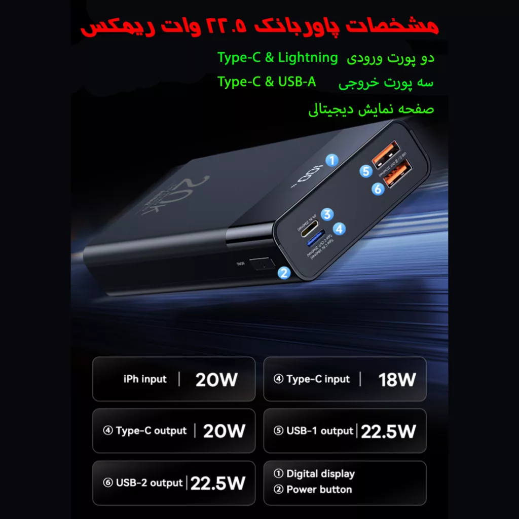 پاوربانک ریمکس مدل RPP-450 22.5W ظرفیت 20000 میلی آمپر ساعت
