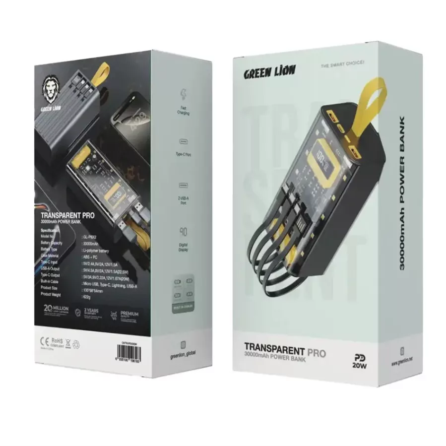 پاور بانک گرین لاین مدل Transparent ظرفیت ۳۰۰۰۰میلی آمپر ساعت