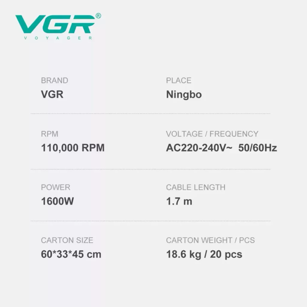 سشوار حرفه ای ۱۹۰۰ وات وی جی ار مدل v-445