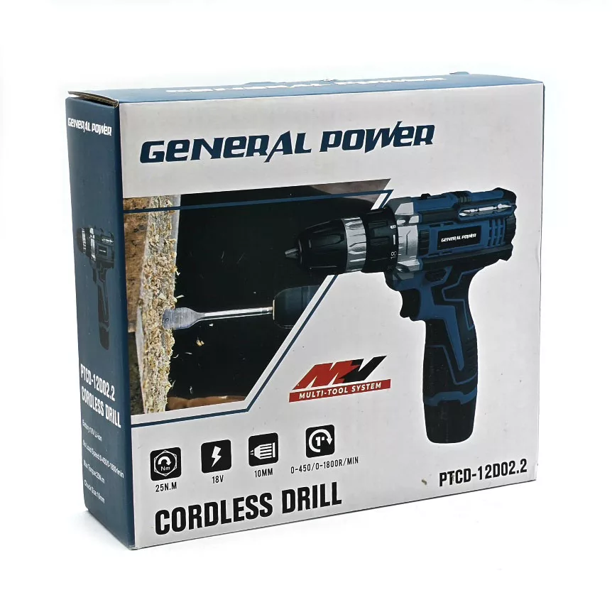 دریل پیچ گوشتی شارژی سه نظام 10 میلی متری 18 ولت جنرال پاور مدل CORDLESS-DRILL