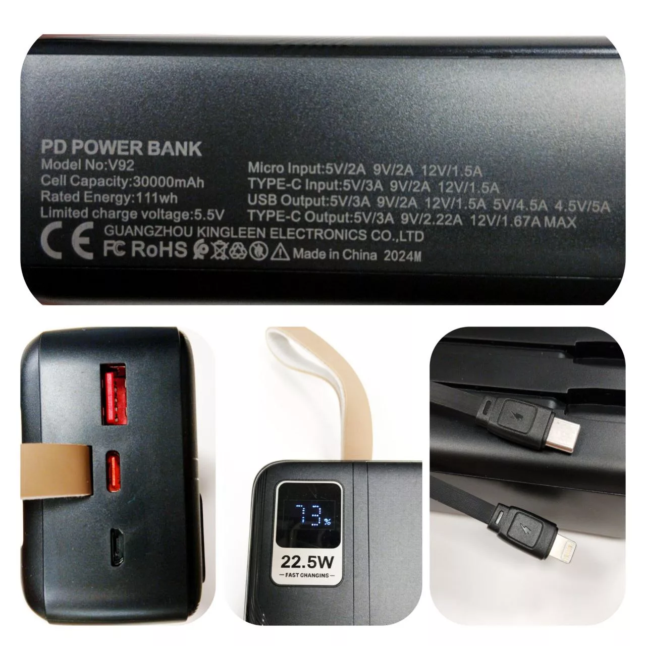 پاوربانک پی زد ایکس مدل V92 Fast Charge PD 22.5W ظرفیت 30000 میلی آمپر ساعت